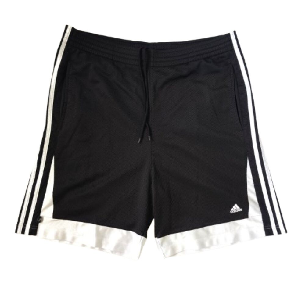 Adidas Mens XL Basketball Shorts Black White 3 Stripe Mesh Drawstring Athletic